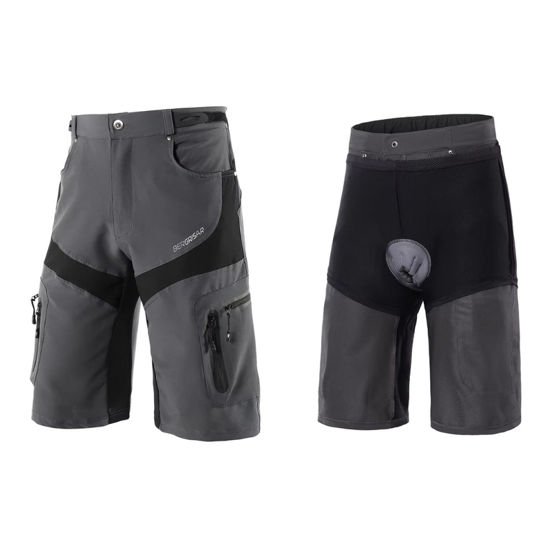 Laden Sie das Bild in Galerie -Viewer, Graue Herren-Fahrradhose mit gepolstertem Innenfutter, Reißverschlusstaschen und atmungsaktivem Material. Ideal für Mountainbiking und Radsport.

