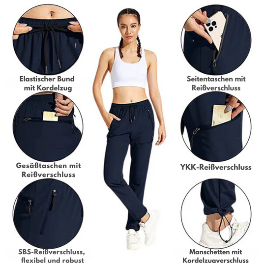 Damen Jogginghose mit elastischem Bund, Seitentaschen, YKK-Reißverschluss, Kordelzug, flexibel und robust, ideal für Sport und Freizeit.