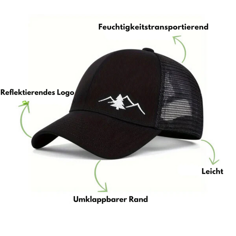 Laden Sie das Bild in Galerie -Viewer, Schwarze Baseballkappe mit reflektierendem Berglogo, feuchtigkeitsabsorbierendem Material, leichtem Netzstoff und umklappbarem Rand.
