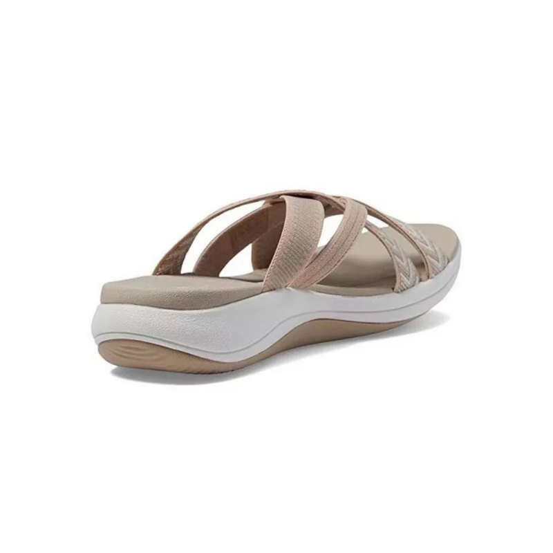 Laden Sie das Bild in Galerie -Viewer, Beige Damen-Sandale mit weißen Sohlen, ergonomischem Design und elastischen Riemen. Bequeme Sommerschuhe für Freizeit und Strand.
