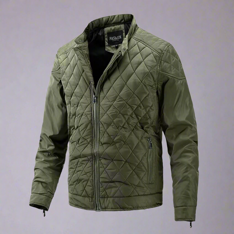Laden Sie das Bild in Galerie -Viewer, Grüne Steppjacke für Herren, modisch und warm, mit Reißverschluss und Stehkragen. Ideal für Herbst und Winter. Hochwertige Outdoor-Bekleidung.
