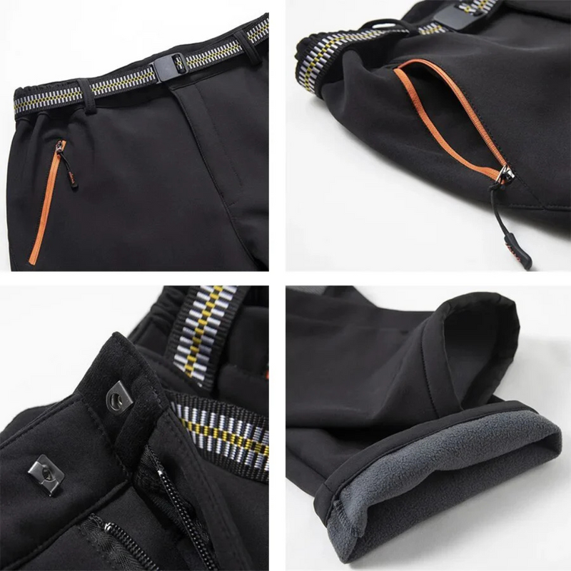 Laden Sie das Bild in Galerie -Viewer, Schwarze Outdoor-Hose mit elastischem Bund, Reißverschlusstaschen und Fleecefutter. Ideal für Wandern und Trekking bei kaltem Wetter.
