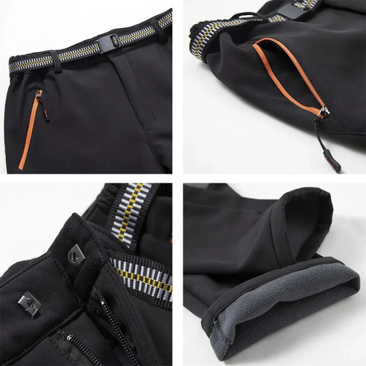 Schwarze Outdoor-Hose mit elastischem Bund, Reißverschlusstaschen und Fleecefutter. Ideal für Wandern und Trekking bei kaltem Wetter.