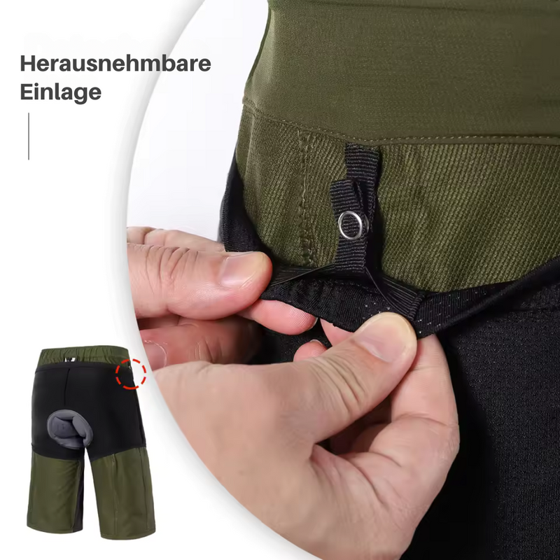 Laden Sie das Bild in Galerie -Viewer, Herren Fahrradhose mit herausnehmbarer Polsterung, olivgrün und schwarz, atmungsaktiv, ideal für Radsport, Nahaufnahme der Einlage.
