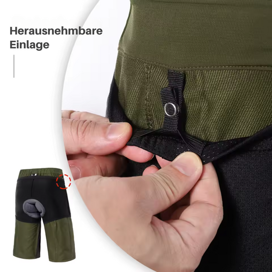 Herren Fahrradhose mit herausnehmbarer Polsterung, olivgrün und schwarz, atmungsaktiv, ideal für Radsport, Nahaufnahme der Einlage.