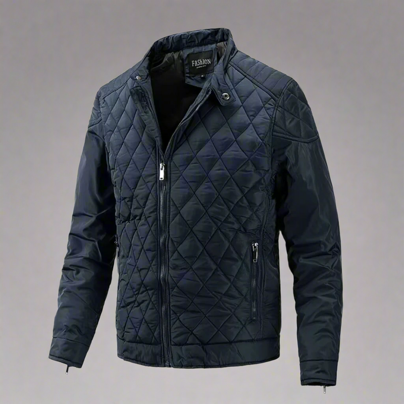Laden Sie das Bild in Galerie -Viewer, Dunkelblaue, gesteppte Herrenjacke mit Reißverschluss und Stehkragen. Modische Übergangsjacke, ideal für Herbst und Frühling.
