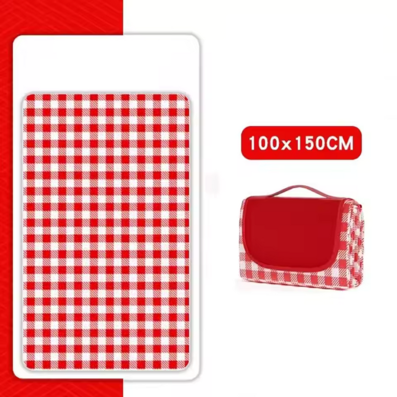 Laden Sie das Bild in Galerie -Viewer, Rote Picknickdecke mit weißem Karomuster, 100x150 cm, zusammengefaltet in passender Tragetasche. Ideal für Outdoor-Aktivitäten und Camping.
