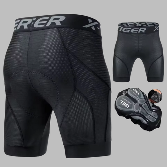 Schwarze, gepolsterte Fahrradhose für Herren, atmungsaktiv und nahtlos, mit Gel-Einsatz für optimalen Komfort und Unterstützung beim Radfahren.