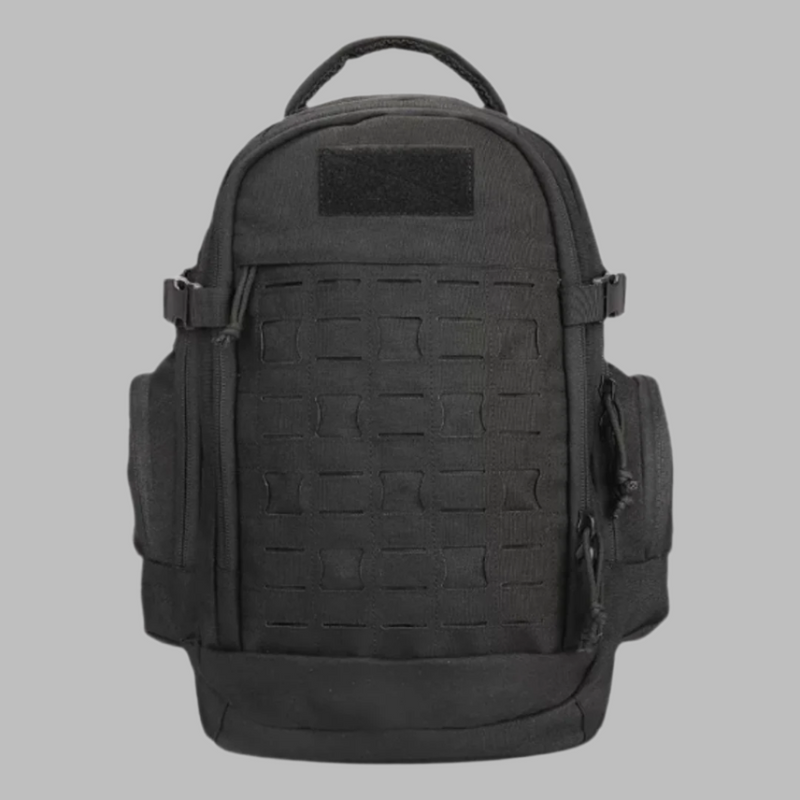 Laden Sie das Bild in Galerie -Viewer, Schwarzer taktischer Rucksack mit MOLLE-System, robustem Design und mehreren Fächern, ideal für Outdoor-Aktivitäten und Reisen.
