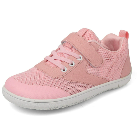 Rosa Kindersneaker mit Klettverschluss und Schnürsenkeln, atmungsaktives Mesh-Obermaterial, rutschfeste weiße Sohle, ideal für Mädchen.